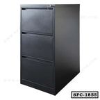 Black steel file cabinet with three drawers and lock, modern office storage furniture.