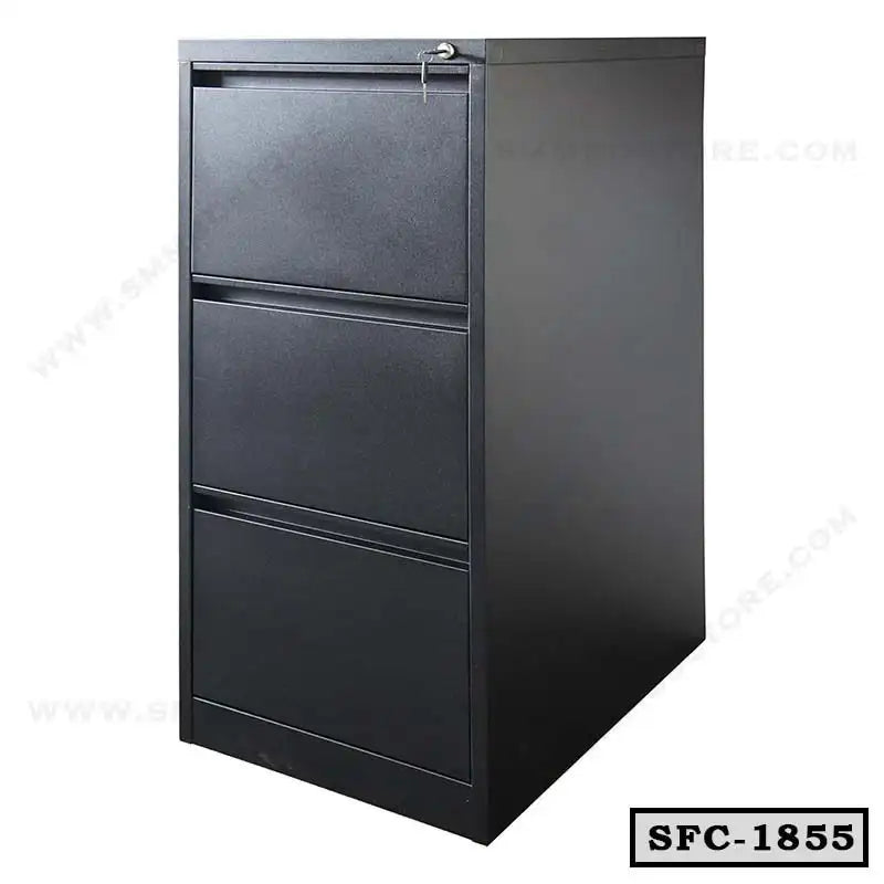 Black steel file cabinet with three drawers and lock, modern office storage furniture.