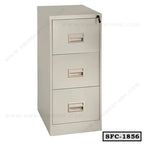 Steel file cabinet with three drawers and lock, ideal for office document storage