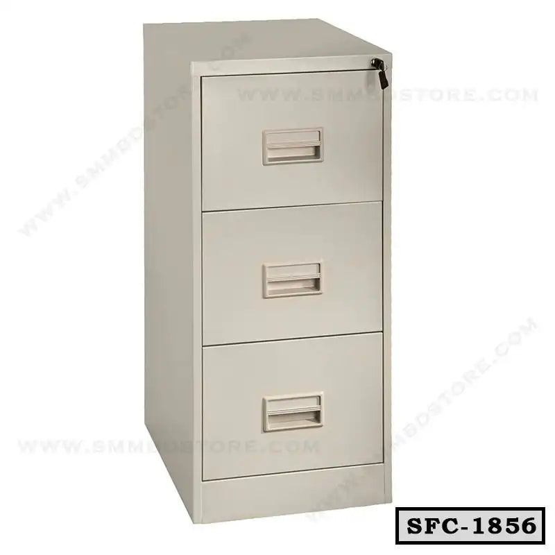 Steel file cabinet with three drawers and lock, ideal for office document storage