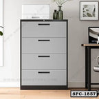 Modern steel file cabinet with four drawers in a contemporary office setting