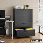 Modern black steel file cabinet with drawers open, in a bright office setting