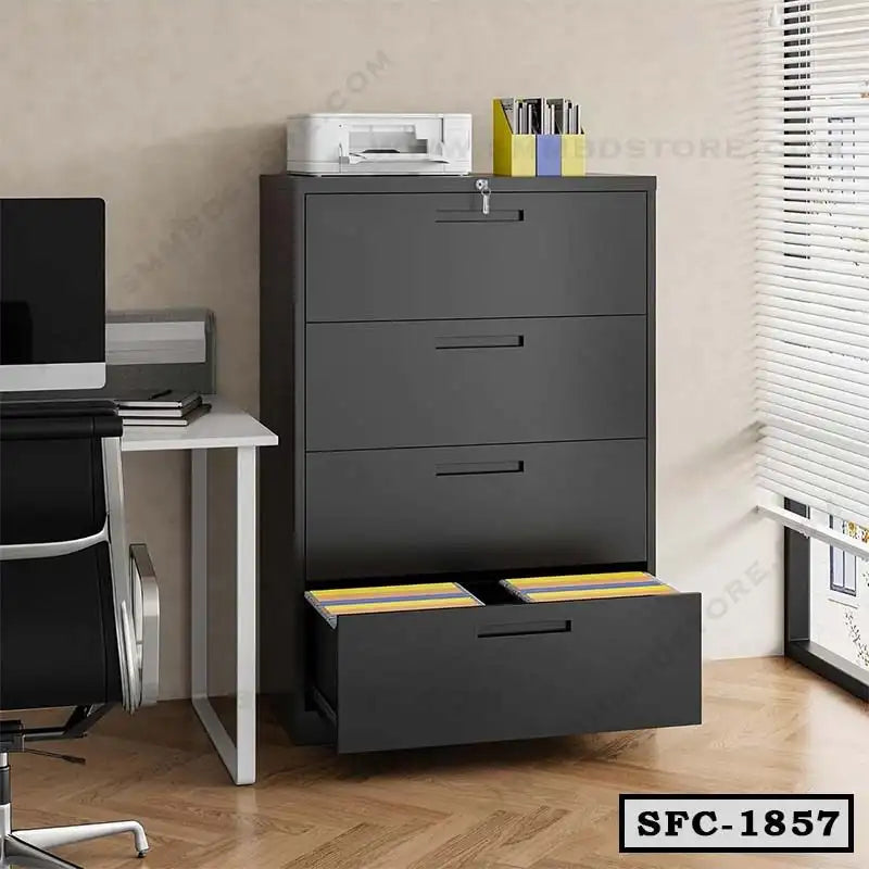 Modern black steel file cabinet with drawers open, in a bright office setting