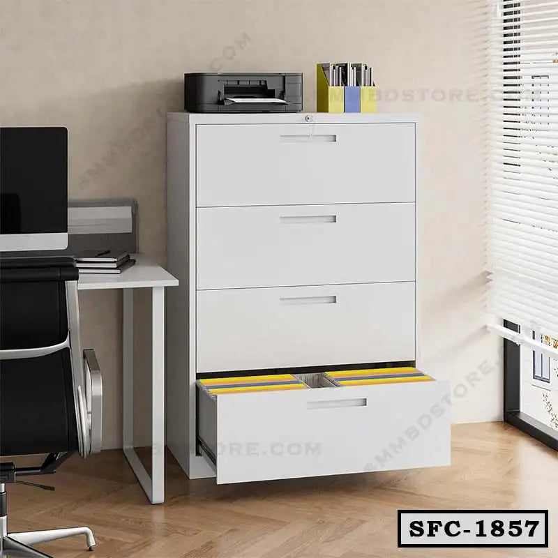 Modern white steel file cabinet with four drawers in office setting, bottom drawer open with files.