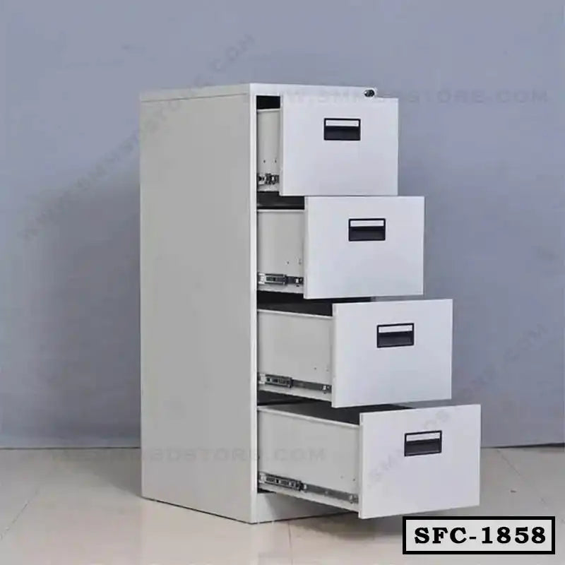 Steel file cabinet with four open drawers for office document storage on a white floor Main image