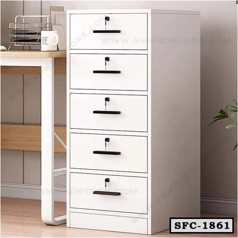 White steel file cabinet with five drawers and black handles, ideal for office storage