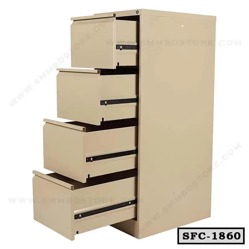 Beige steel file cabinet with four open drawers, office storage furniture