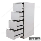 Steel file cabinet with four open drawers for office document storage