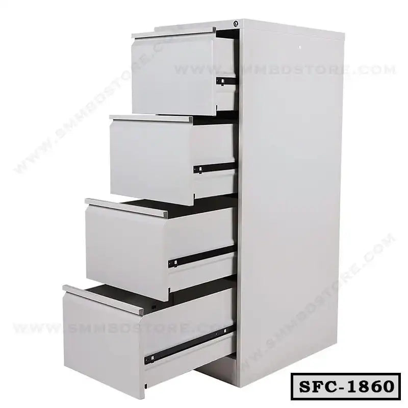 Steel file cabinet with four open drawers for office document storage