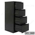 Black steel file cabinet with four open drawers for office document storage