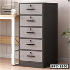 Steel file cabinet with five lockable drawers for office storage, modern design, gray and black finish