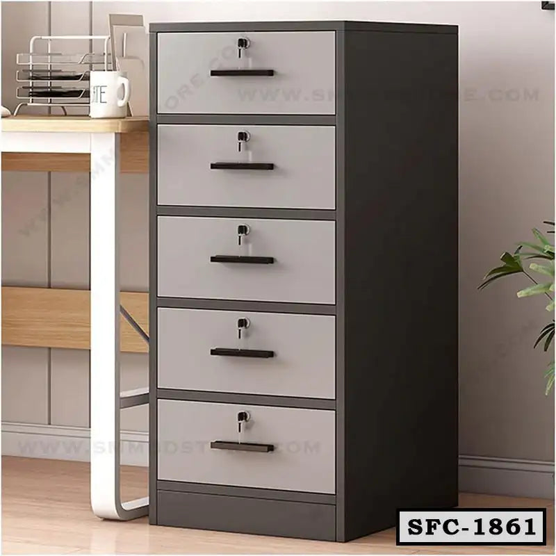 Steel file cabinet with five lockable drawers for office storage, modern design, gray and black finish