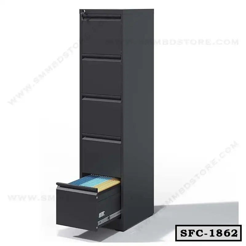 Tall black steel file cabinet with five drawers, one open showing hanging folders, office furniture Main image