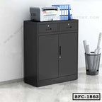 Black steel file cabinet with two drawers and two doors, office printer and files on top