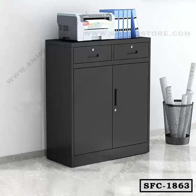 Black steel file cabinet with two drawers and two doors, office printer and files on top