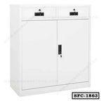 White steel file cabinet with two lockable drawers and double doors for office storage