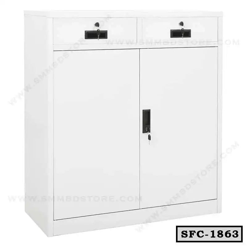 White steel file cabinet with two lockable drawers and double doors for office storage
