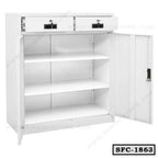 White steel file cabinet with two lockable drawers, three shelves, and open doors