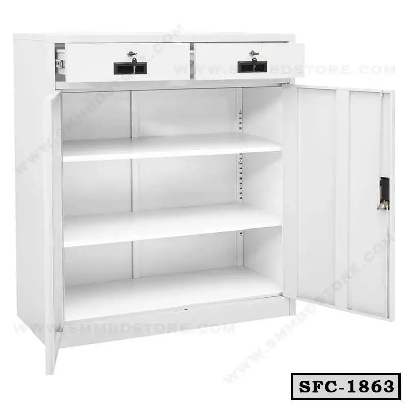 White steel file cabinet with two lockable drawers, three shelves, and open doors