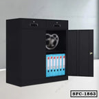 Black steel file cabinet with two drawers and shelves, storing office folders, model SFC-1863