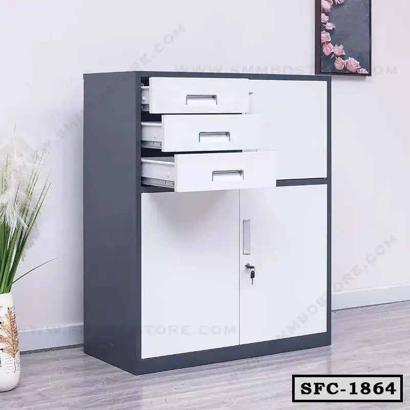 Steel file cabinet with three open drawers and locking doors for office storage Main image