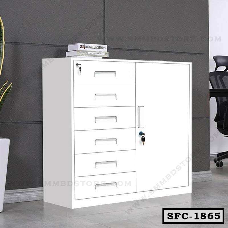 White steel file cabinet with six drawers and lockable door, modern office furniture Main image