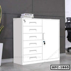 White steel file cabinet with six drawers and lockable door, modern office furniture