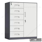 Steel file cabinet with six drawers and lockable door, ideal for office storage