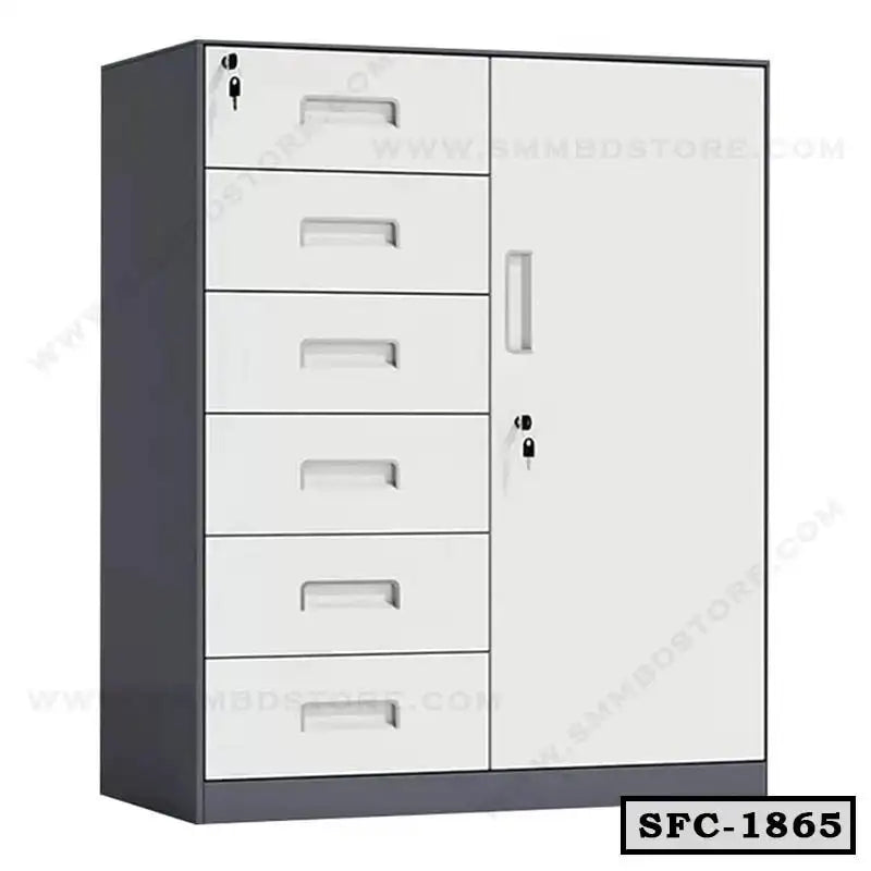 Steel file cabinet with six drawers and lockable door, ideal for office storage