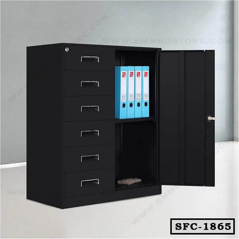Black steel file cabinet with drawers and open door, storing blue office binders