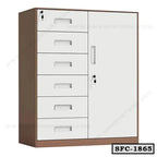 Steel file cabinet with six drawers and a locking door, office storage furniture.