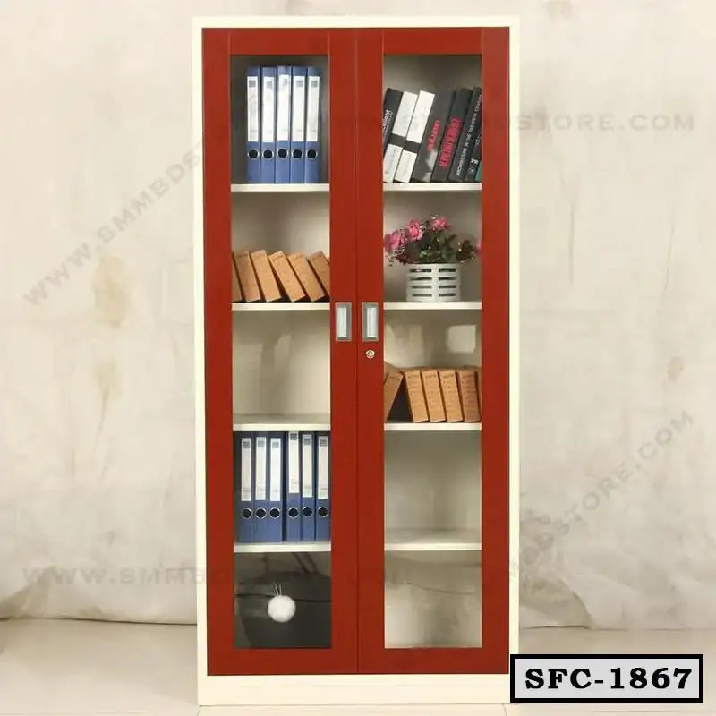 Steel file cabinet with glass doors, shelves holding office files, books, and a plant