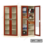 Steel file cabinet with glass doors, multiple shelves, office documents and books inside