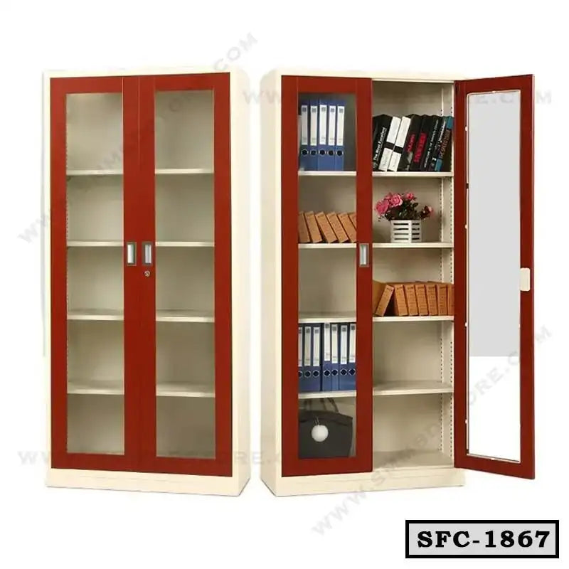 Steel file cabinet with glass doors, multiple shelves, office documents and books inside