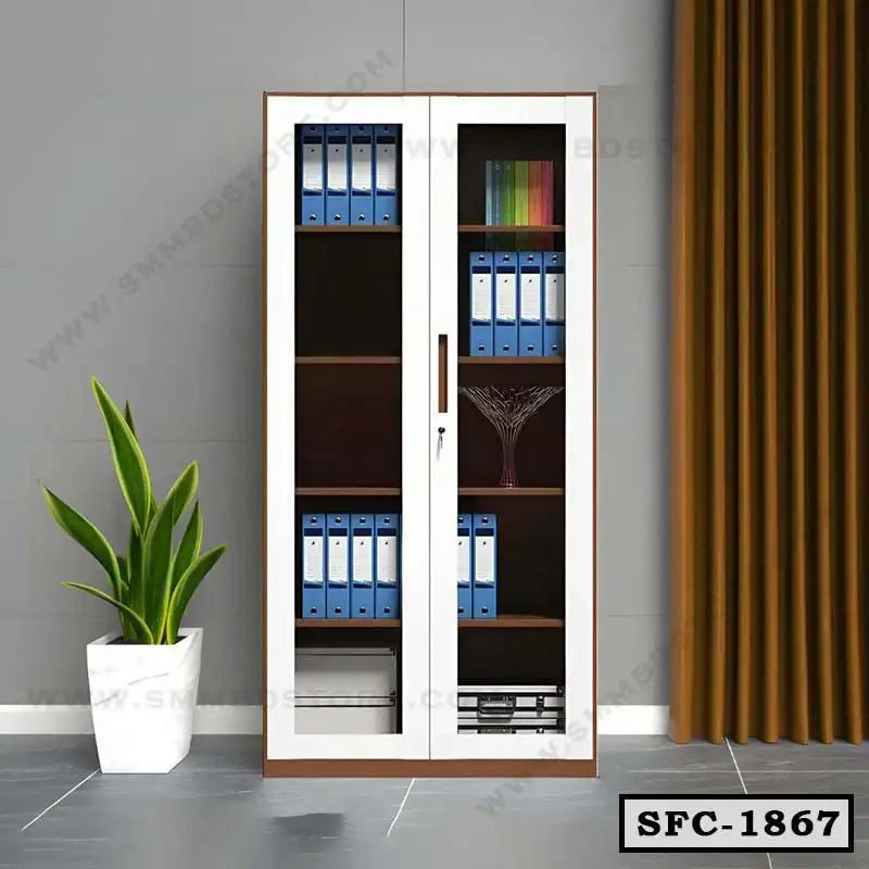 Steel file cabinet with glass doors, shelves with blue folders, for office storage Main image