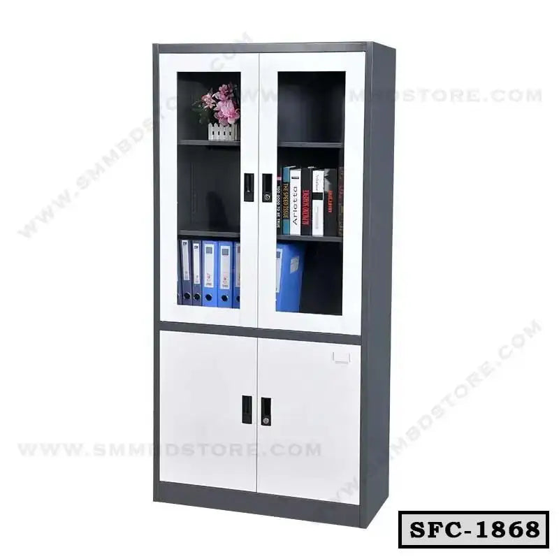 Steel file cabinet with glass doors, office storage shelves and lower locking doors Main image