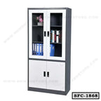 Steel file cabinet with glass doors, office storage shelves and lower locking doors