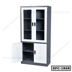 Steel file cabinet with glass doors and secure lower compartments for office storage