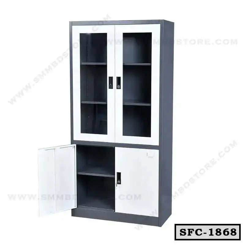 Steel file cabinet with glass doors and secure lower compartments for office storage