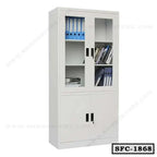 Steel file cabinet with glass doors and shelves for office document storage