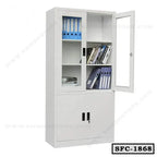 Steel file cabinet with glass doors and shelves holding office files and folders