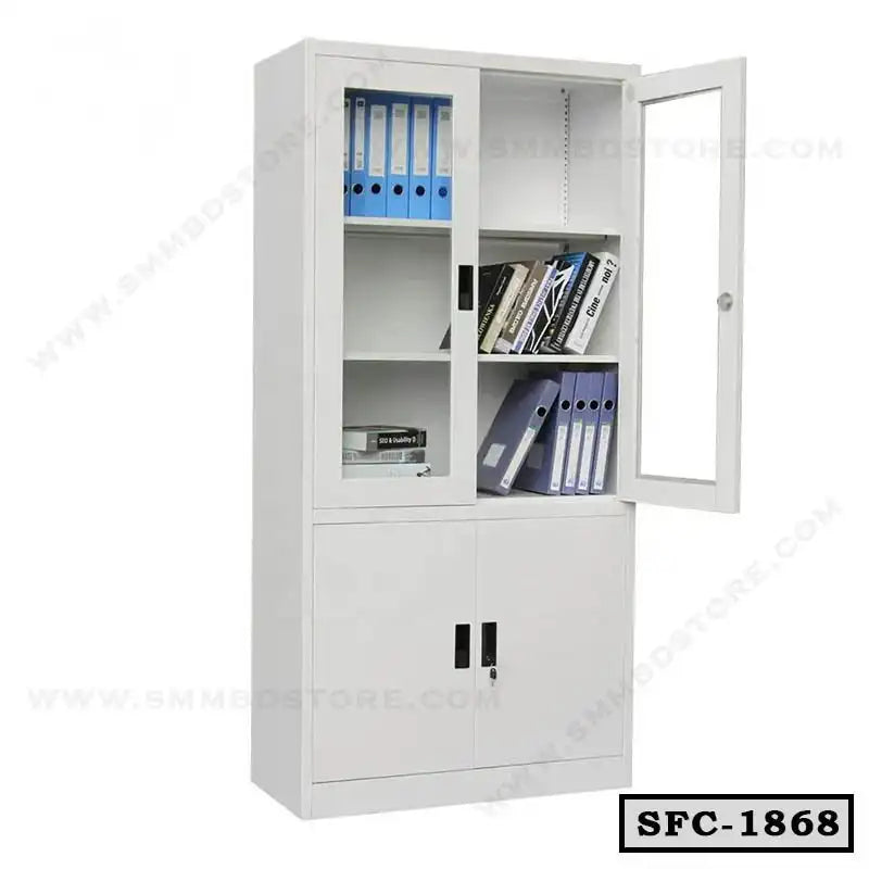 Steel file cabinet with glass doors and shelves holding office files and folders