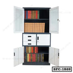Steel file cabinet with glass doors, lockable compartments, and organized files inside