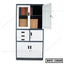 Steel file cabinet with glass doors, drawers, and shelves for office storage