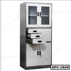 Steel file cabinet with glass doors, three open drawers, and lockable storage, office furniture