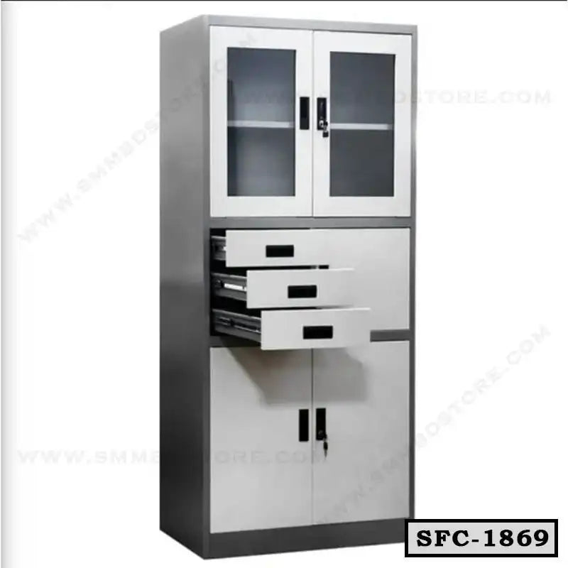 Steel file cabinet with glass doors, three open drawers, and lockable storage, office furniture