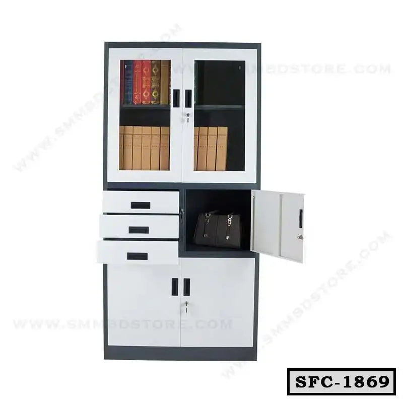 Steel file cabinet with glass doors, drawers, shelves, and a lockable compartment for office storage
