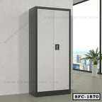 Modern steel file cabinet with lock, two-tone doors, in a contemporary office setting