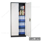 Tall steel file cabinet with books and blue office folders on shelves, white double doors.