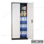 Tall steel file cabinet with books and blue office folders on shelves, white double doors.